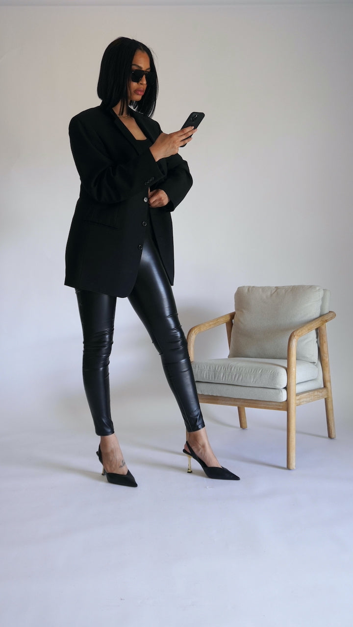 Tall Black Faux Leather Split Hem Leggings | PrettyLittleThing
